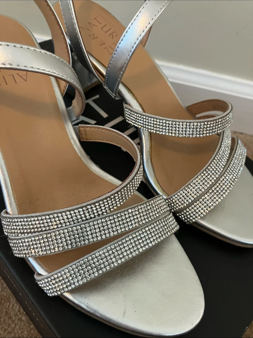 Naturalizer “Bridget” Silver Rhinestone Strap Women's Block Heel Heels